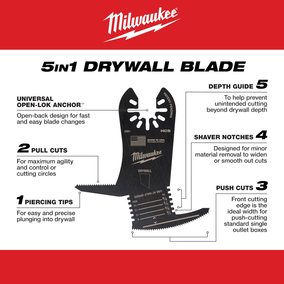 Milwaukee 49-25-2281 OPEN-LOK™ 5-IN-1 DRYWALL BLADE 1PK - feature callout