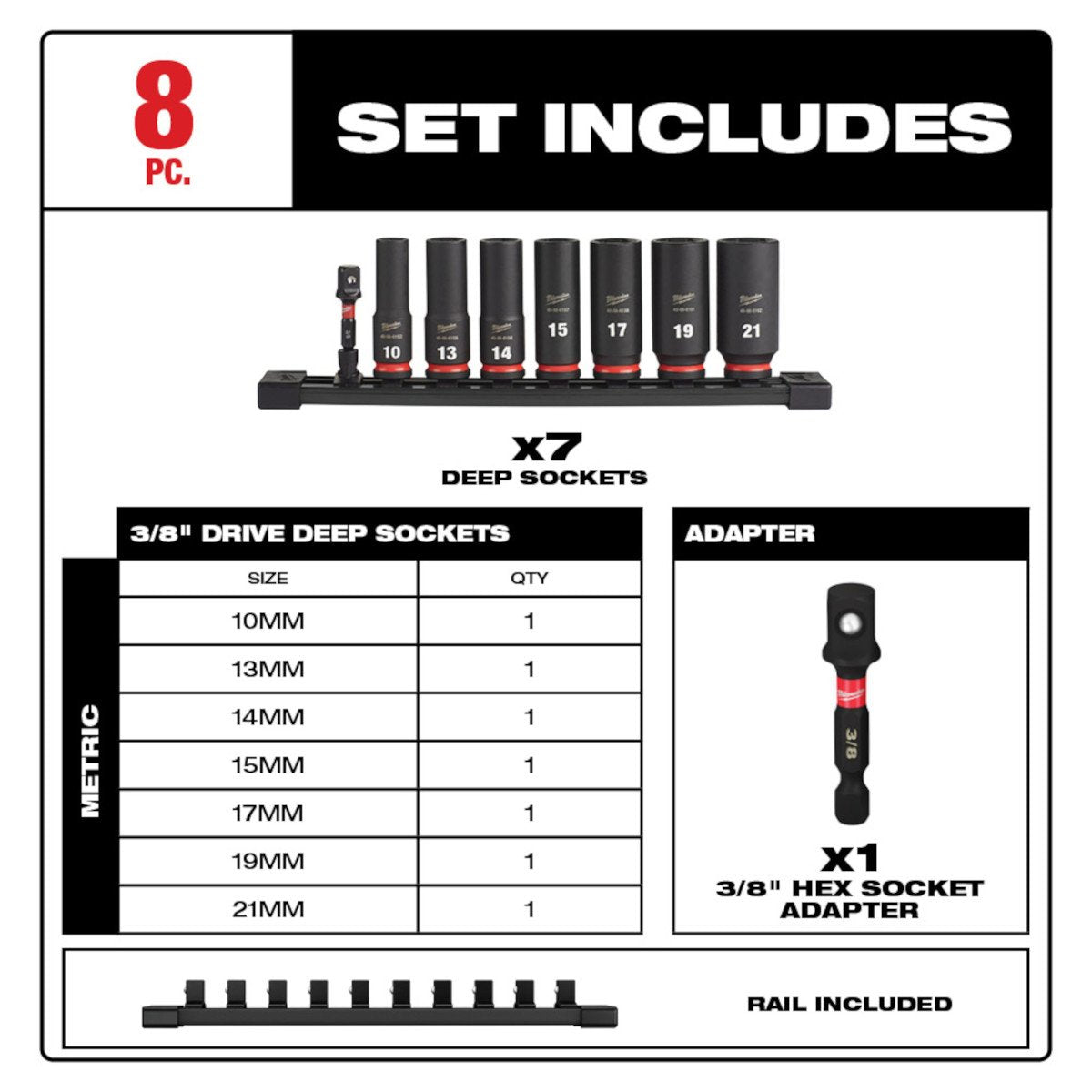 Milwaukee 49-66-7021 8PC SHOCKWAVE Impact Duty™ 3/8" Drive Metric Deep 6 Point Socket Set - feature callout