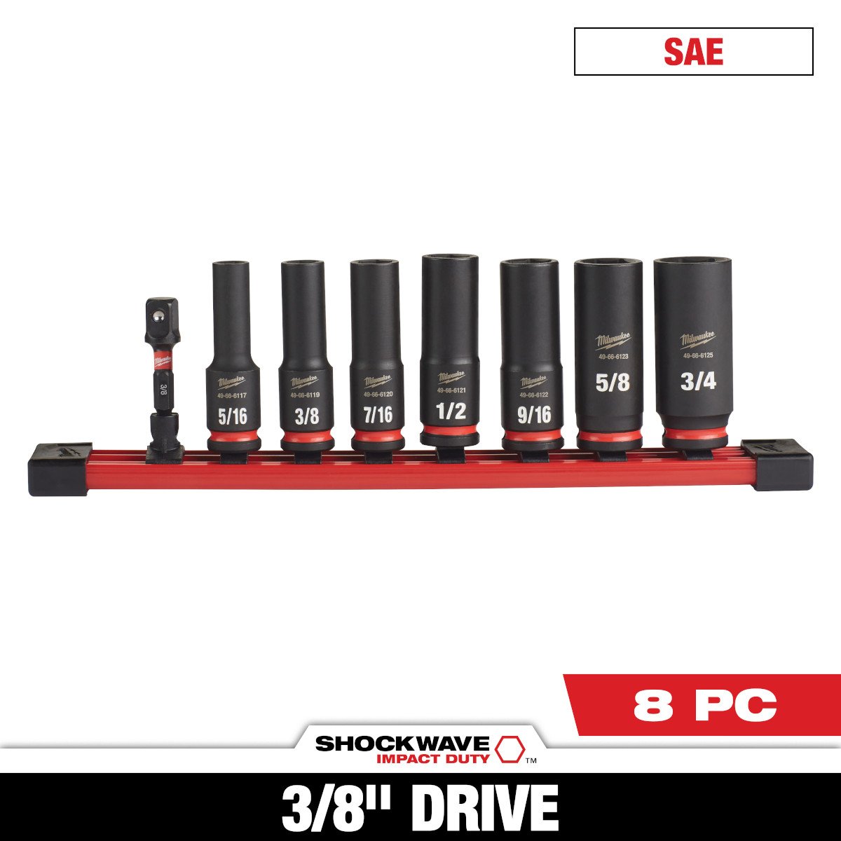 Milwaukee 49-66-7024 8PC SHOCKWAVE Impact Duty™ 3/8" Drive SAE Deep 6 Point Socket Set - feature callout