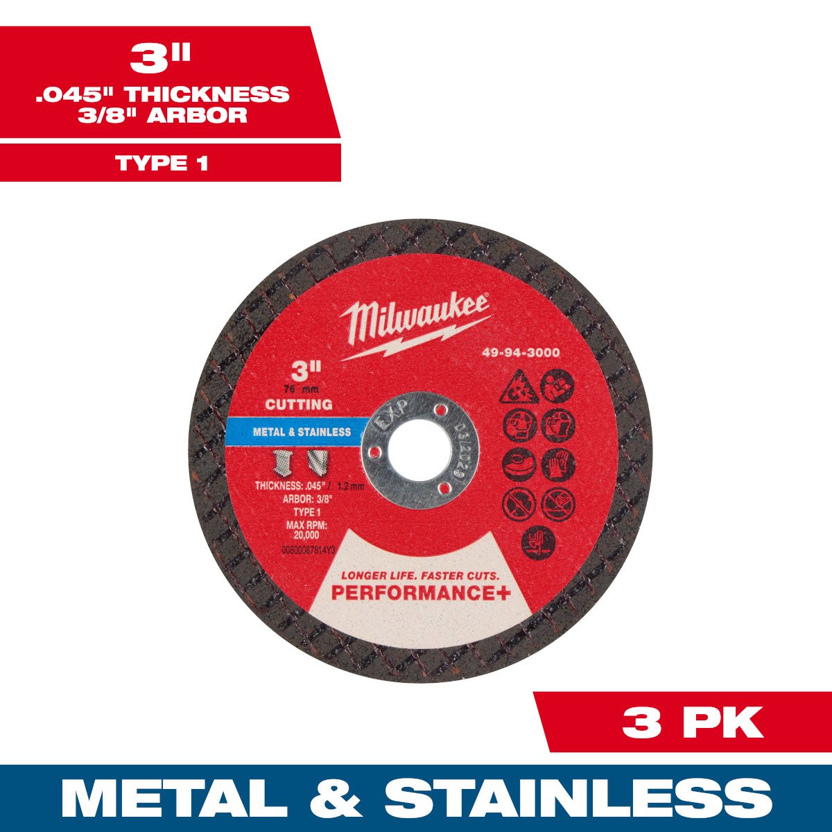 Milwaukee 49-94-3000 3 in. Metal Cut Off Wheel 3 pk - feature callout