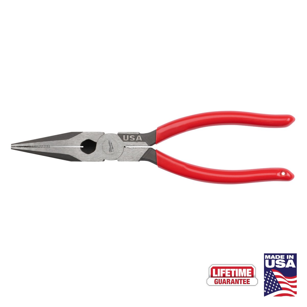 Milwaukee MT505 8" Long Nose Dipped Grip Pliers (USA) - feature callout
