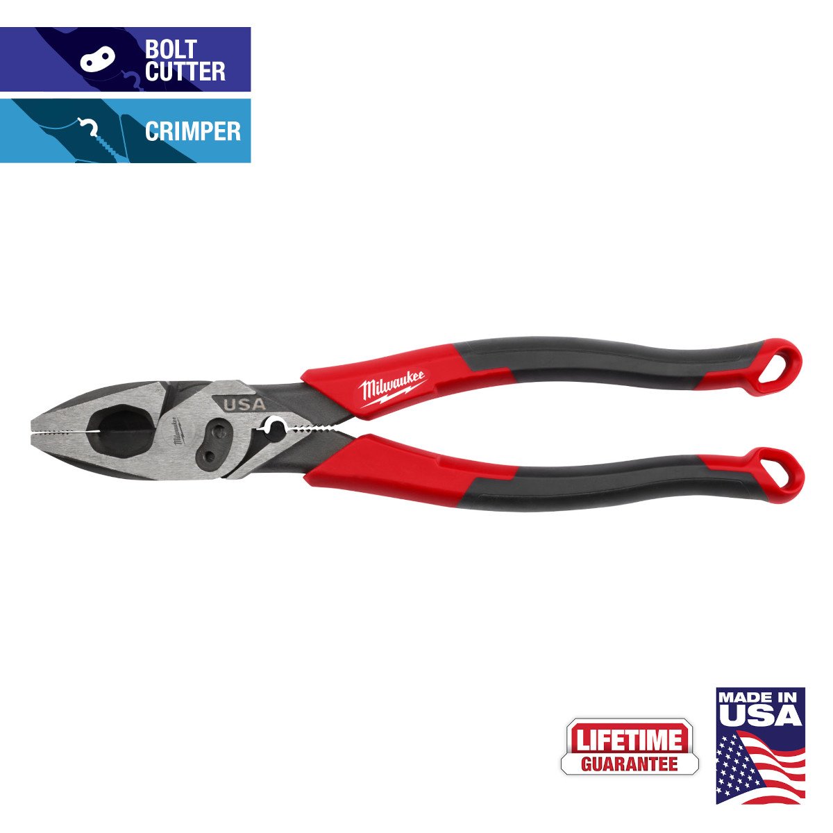 Milwaukee MT550C 9" Lineman's Comfort Grip Pliers w/ Crimper and Bolt Cutter (USA) - feature callout