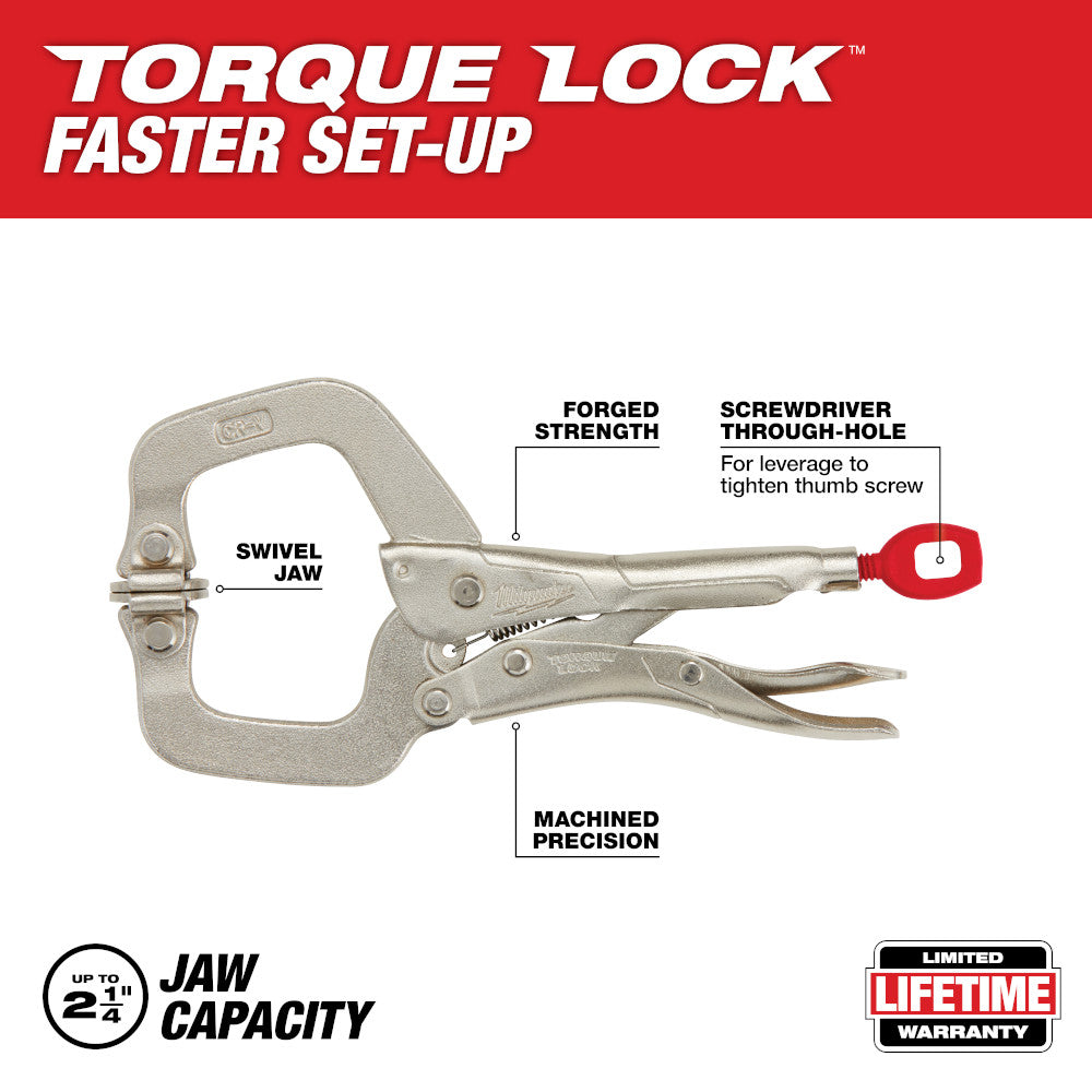 Milwaukee 48-22-3522 - Serre-joint en C verrouillable TORQUE LOCK™ de 6 pouces avec mâchoires pivotantes