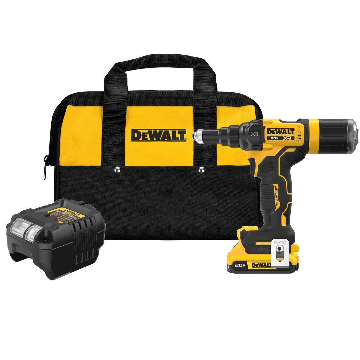 DEWALT DCF403D1 20V MAX* XR Brushless Cordless 3/16" Rivet Tool Kit - kit contents