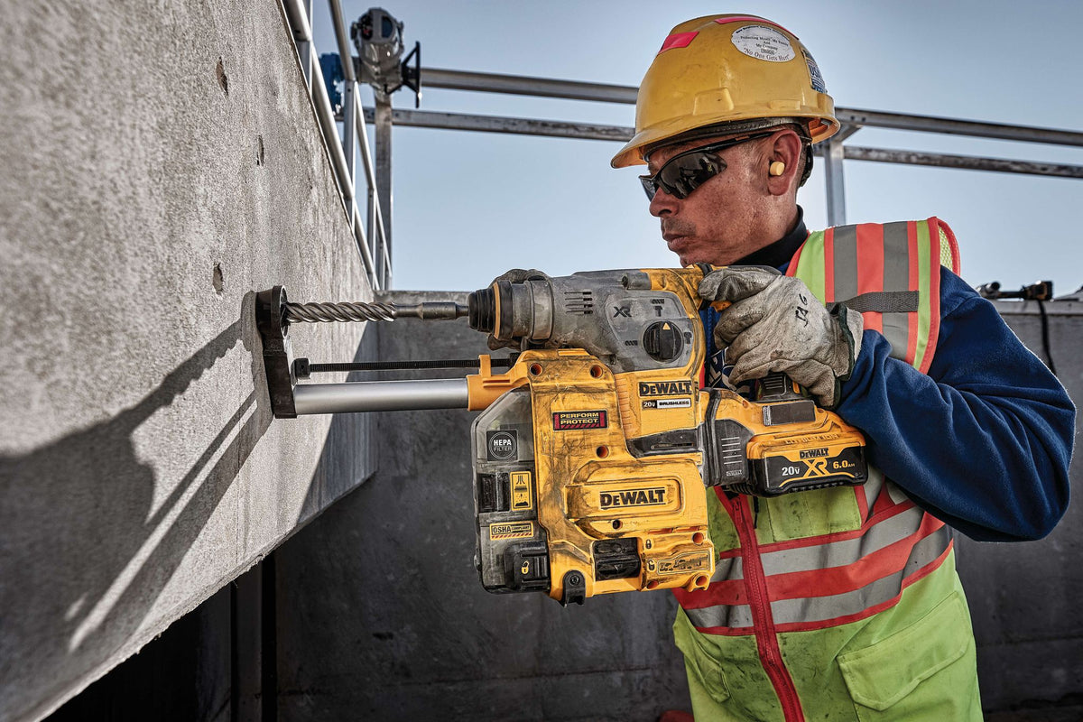DEWALT DCH293B 20V Max* XR Brushless 1-1/8'' L-Shape Rotary Hammer (Tool Only) - in use