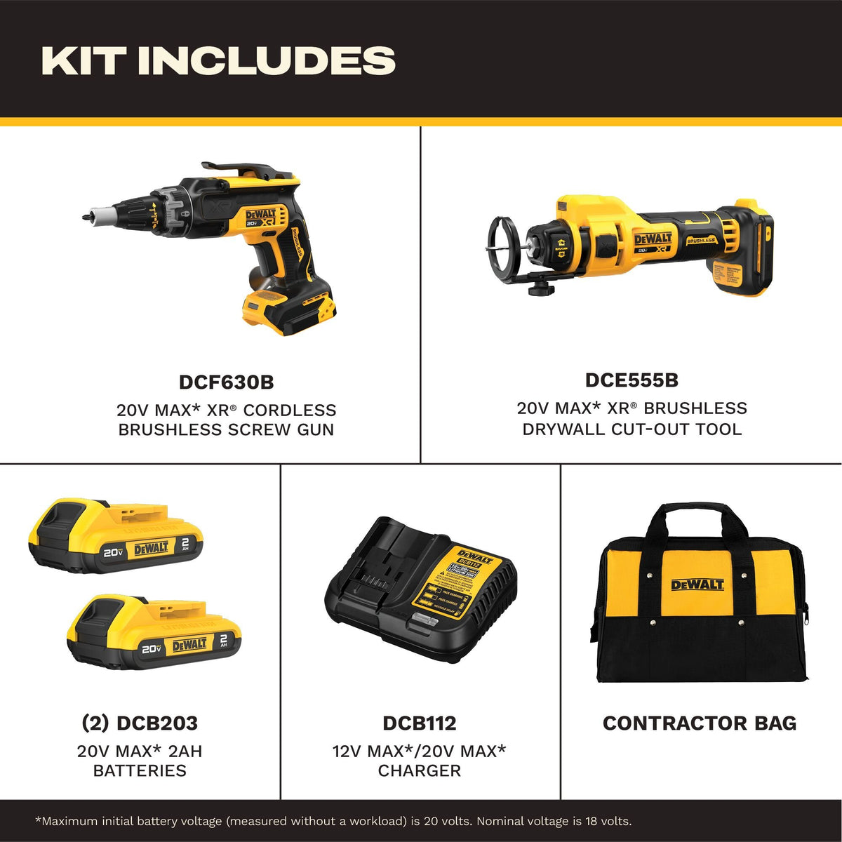 DEWALT DCK265D2 20V MAX XR Brushless Drywall Screwgun and Cut-Out Tool Combo Kit (2.0Ah) - feature callout