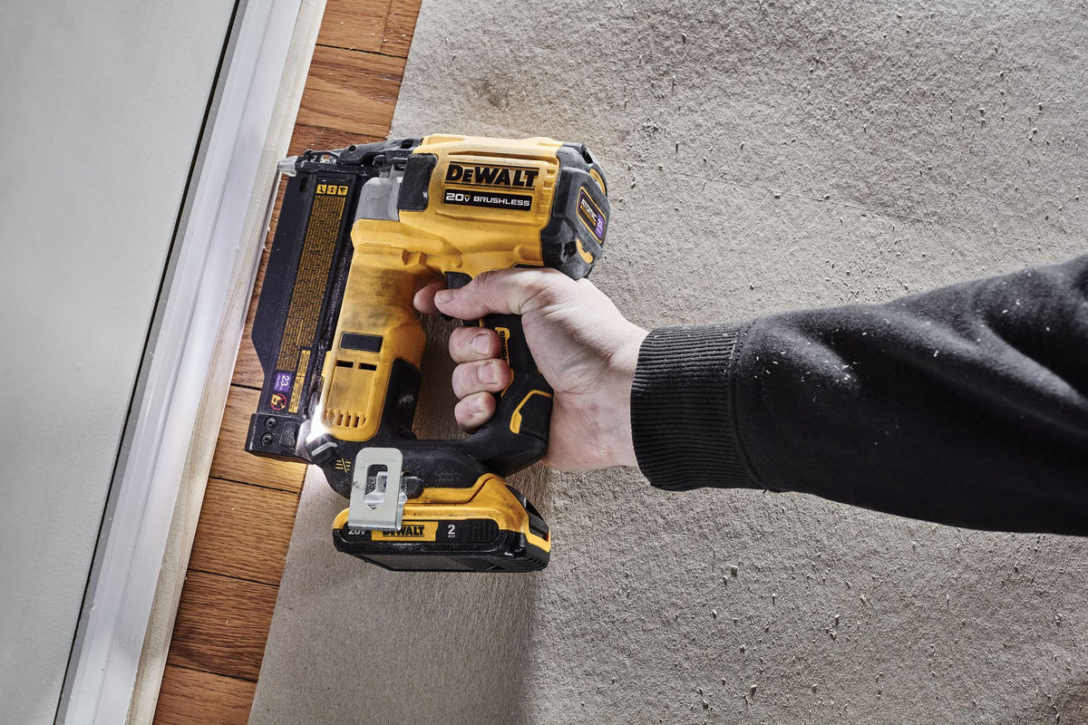 DEWALT DCN623D1 20V MAX XR, 23 GAUGE PIN NAILER - (2.0AH) W/ 1 BATTERY AND BAG - in use