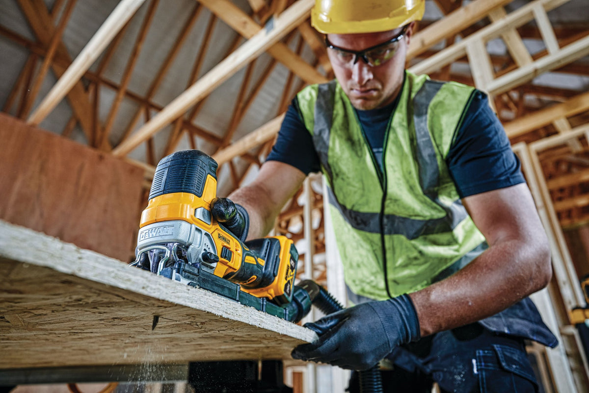 DEWALT DCS335B 20V MAX* XR® Brushless Barrel Grip Jig Saw (Tool Only) - in use