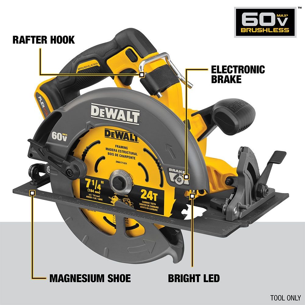 DEWALT DCS578B Flexvolt 60V Max Brushless7-1/4 In. Cordless Circular Saw With Brake (Tool Only) - feature callout