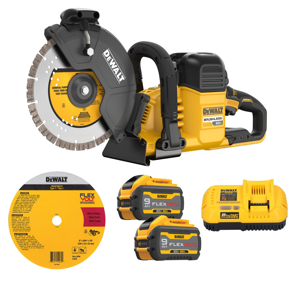 DEWALT DCS692X2 60V MAX* Brushless Cordless 9 in. Cut-Off Saw - kit contents