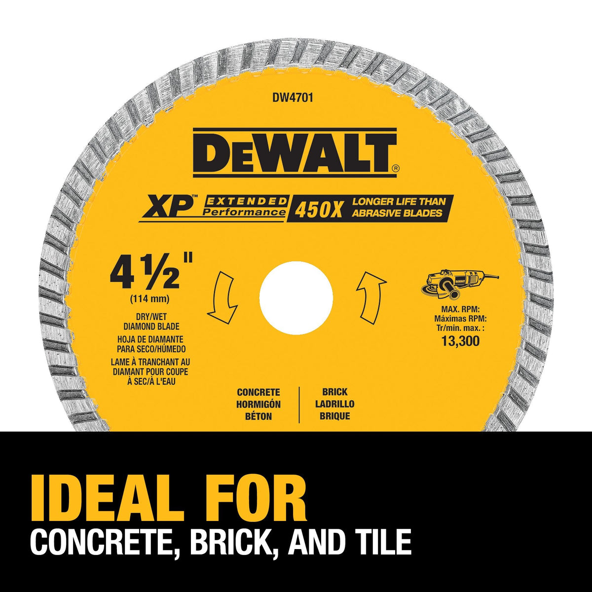 DEWALT DW4701 Diamond Blade, Dry Or Wet Cutting, Continuous Rim, 7/8-Inch Arbor, 4-1/2-Inch - feature callout