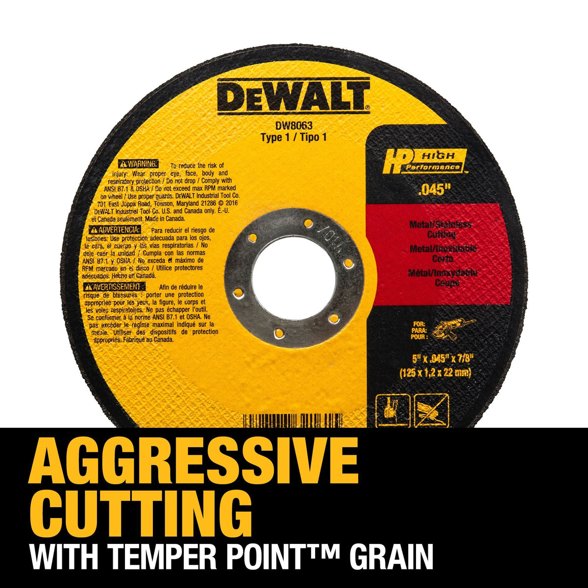DEWALT DW8063 5-Inch By .045-Inch By 7/8-Inch A60T Abrasive Metal/Inox Cutting Wheel - feature callout