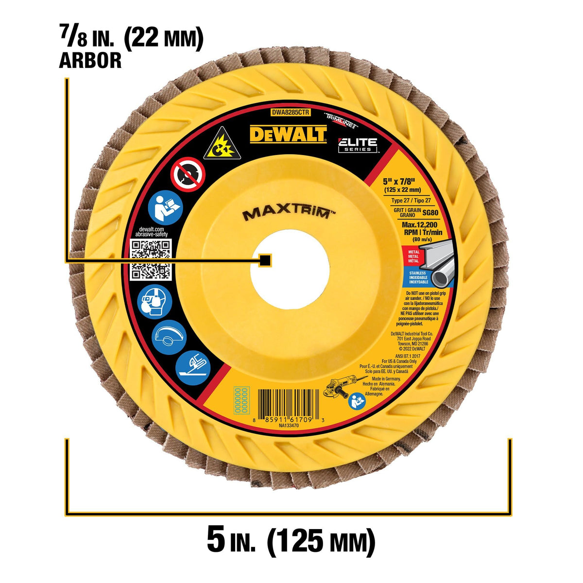 DEWALT DWA8285CTR 5IN X 7/8IN SR80 T27 TRIM FLAP DISC - feature callout