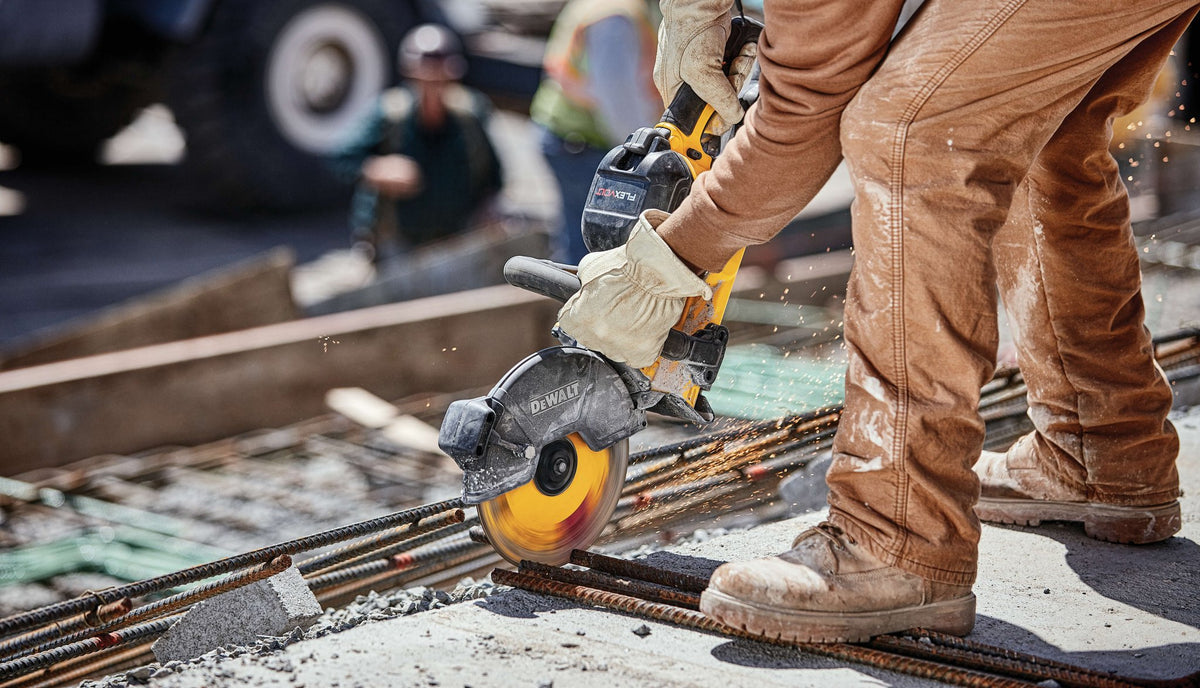 DEWALT DWAFV8918 FLEXVOLT 9 In x .045 in Ceramic Abrasive Chop / Cut-Off Blade with 7/8 in Arbor For Stainl - in use