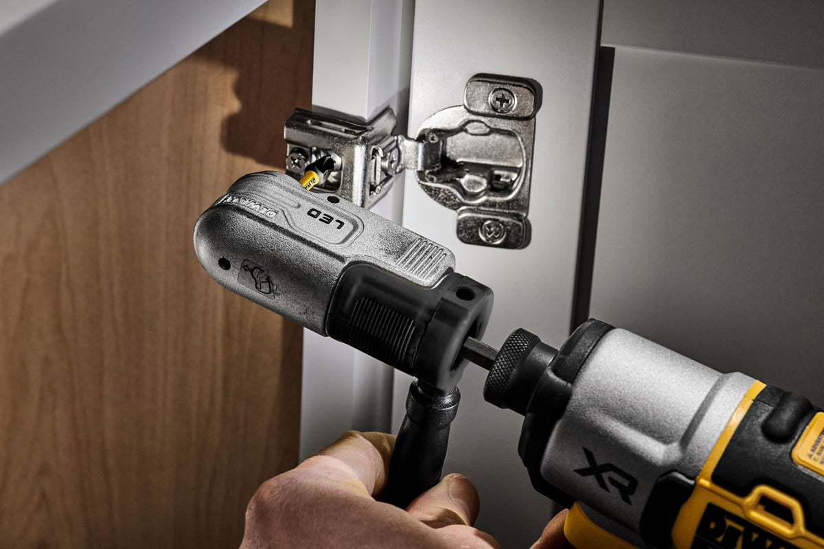 DEWALT DWALRAFT FLEXTORQ Lighted Modular Right Angle Attachment - in use