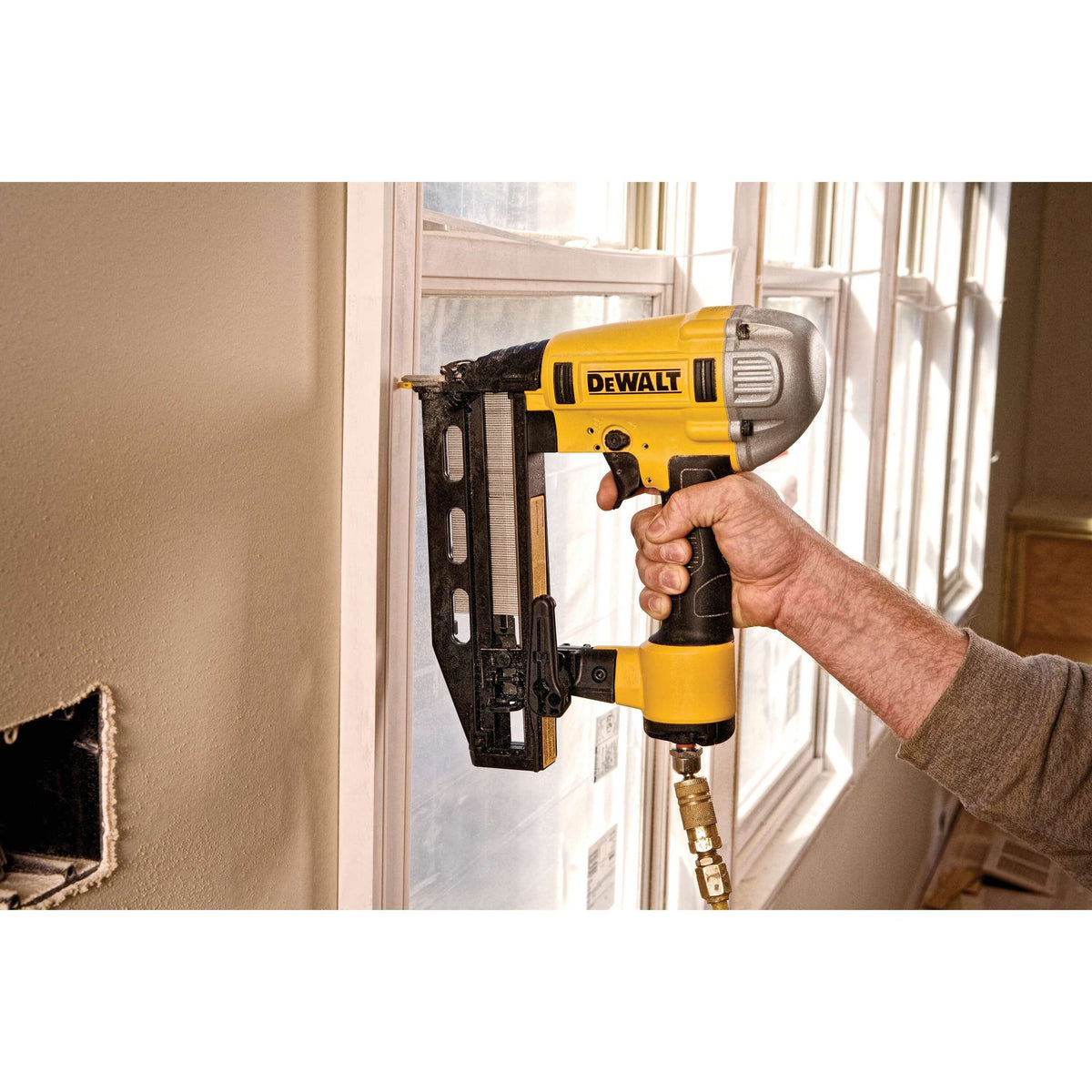 DEWALT DWFP71917 16 Guage Precision Point Finish Nailer - in use