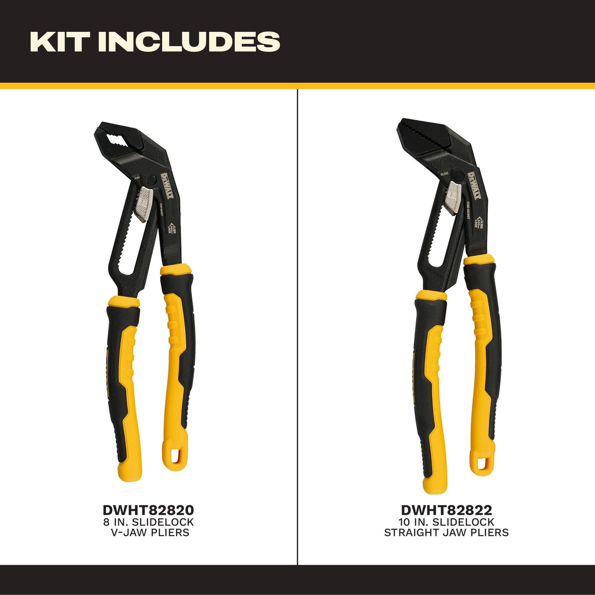 DEWALT DWHT82824 Slidelock Plier 8 in. and 10 in. V-Jaw (2-PK) - feature callout