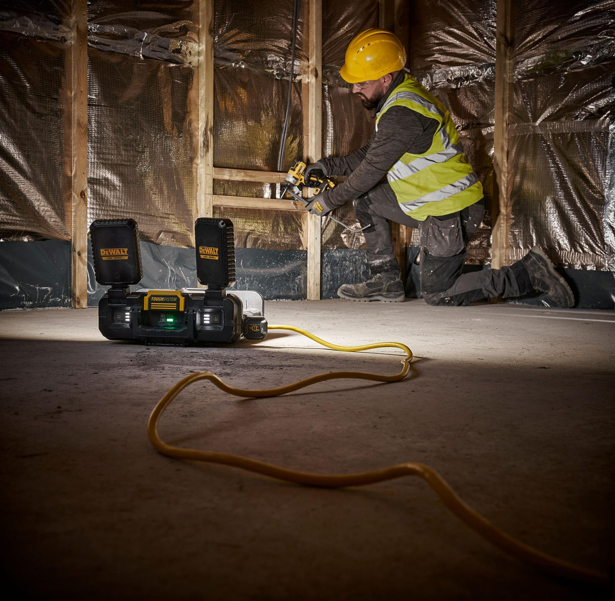 DEWALT DWST08060 TOUGHSYSTEM 2.0 ADJUSTABLE WORK LIGHT & STORAGE - in use