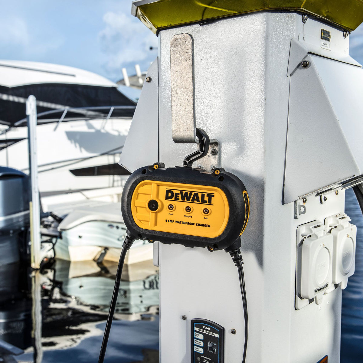 DEWALT DXAEWPC4-CA 4 Amp Waterproof Battery Charger & Maintainer - in use