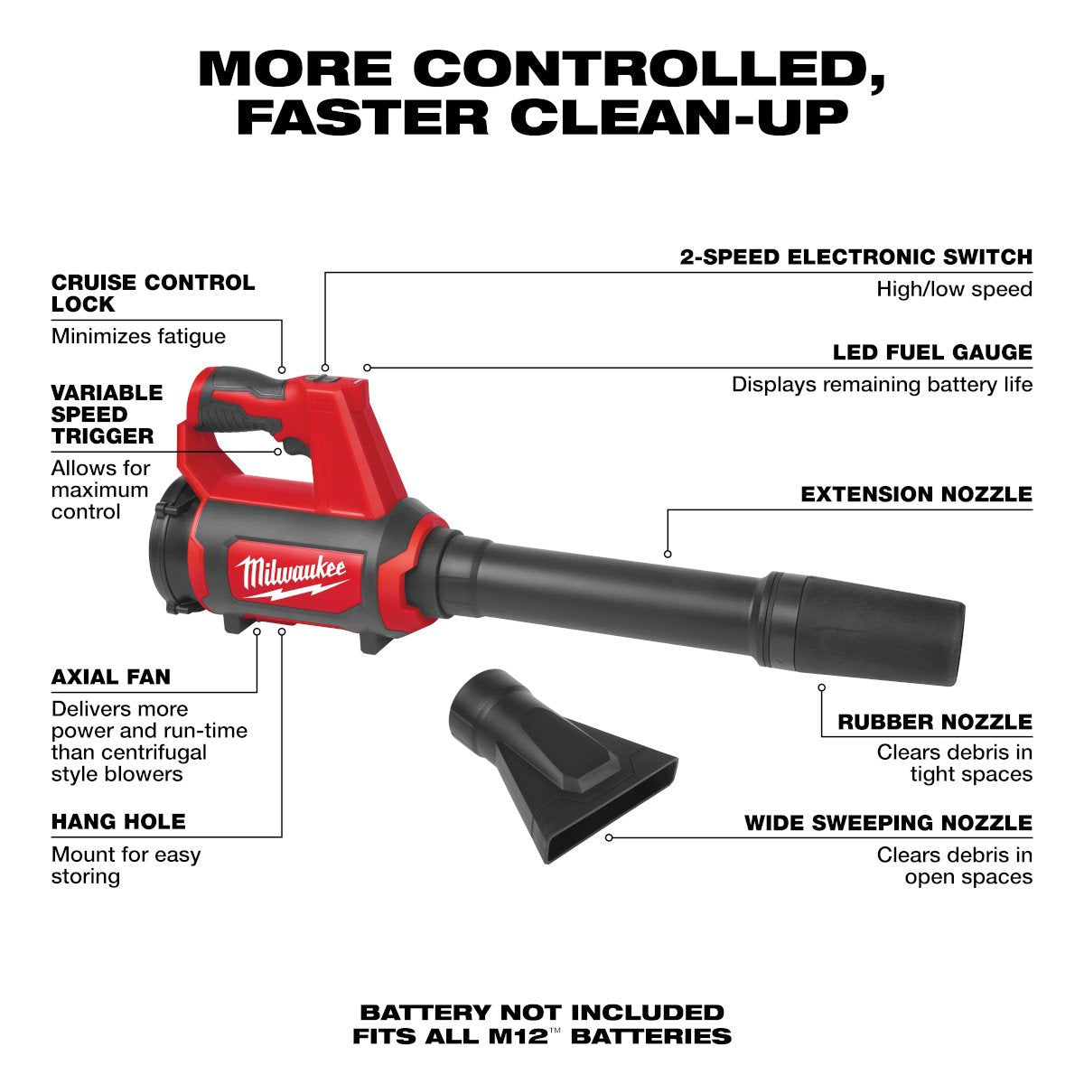 Milwaukee 0852-20 M12 COMPACT SPOT BLOWER - TOOL ONLY - feature callout