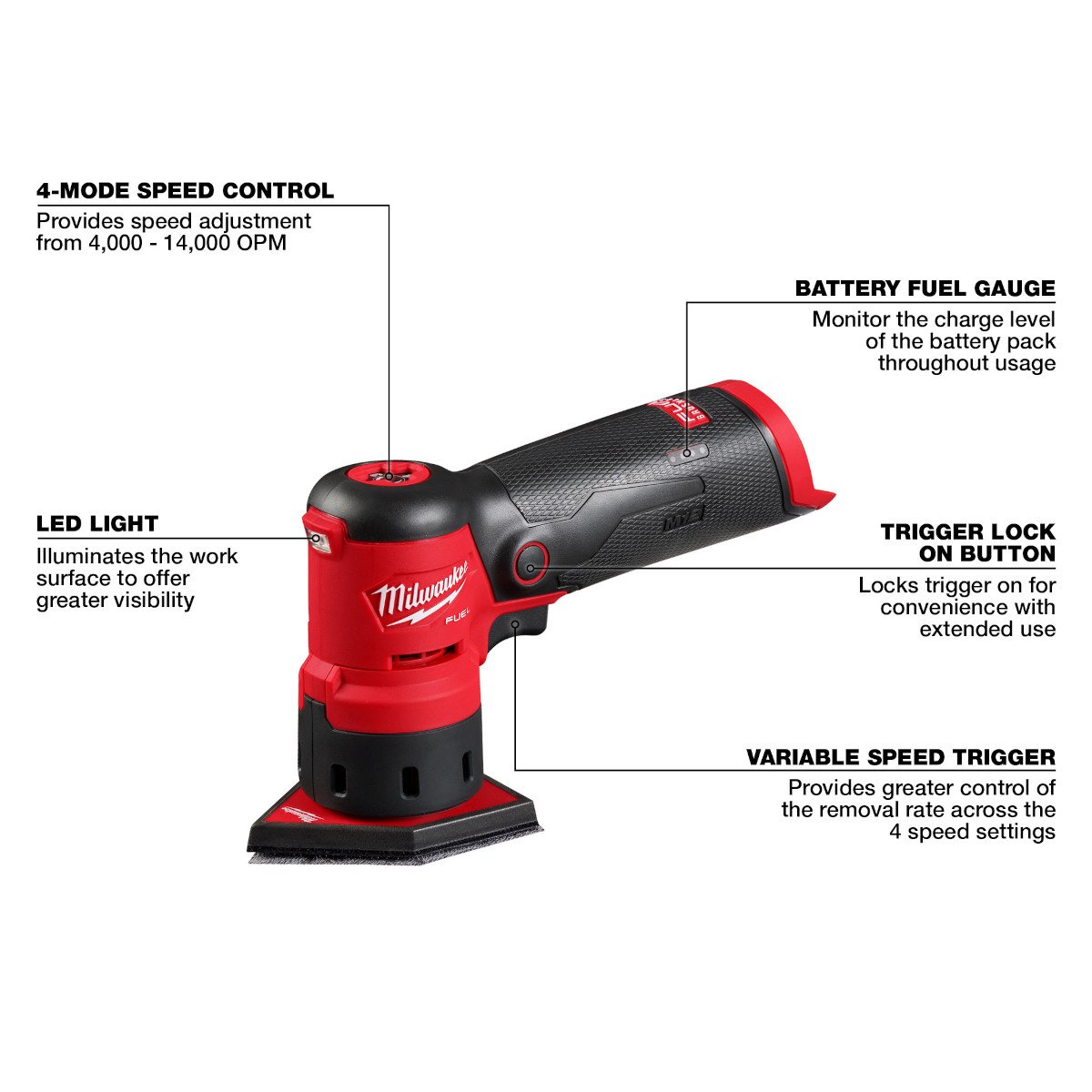 Milwaukee 2531-20 M12 FUEL™ Orbital Detail Sander - feature callout