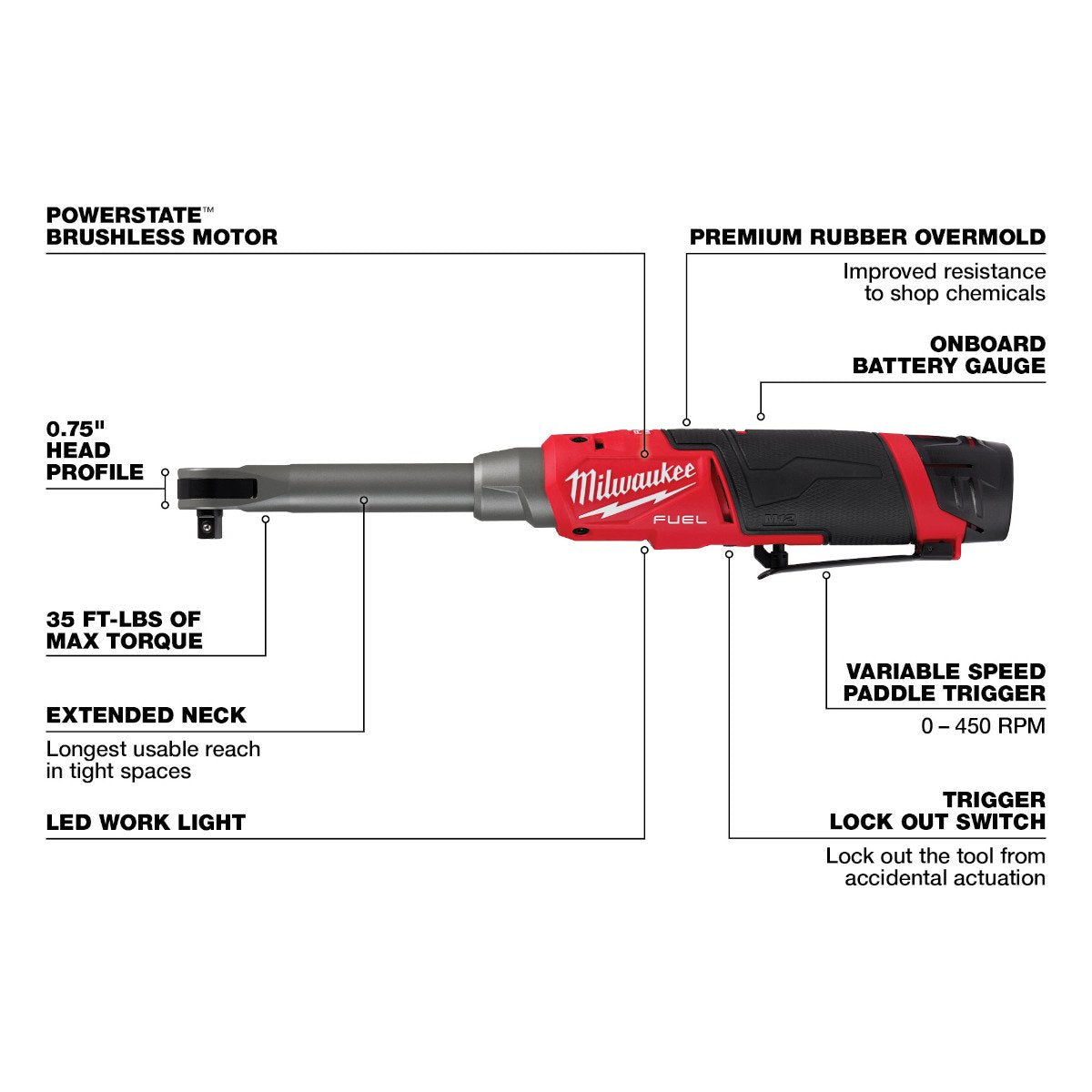 Milwaukee 2569-21 M12 FUEL™ 3/8" Extended Reach High Speed Ratchet Kit - feature callout