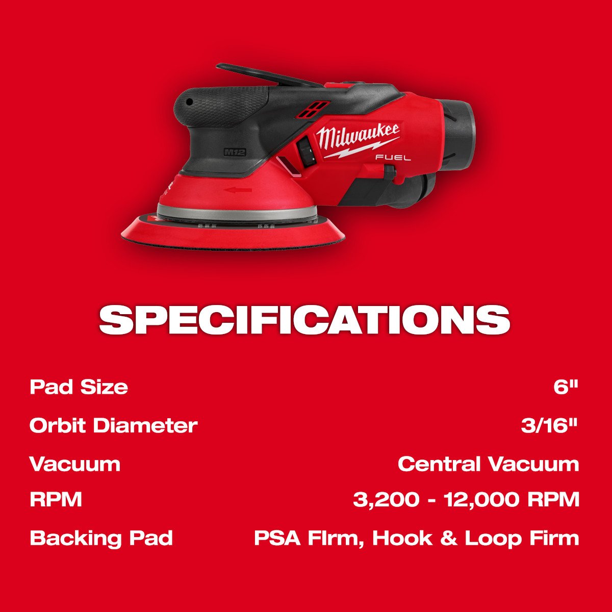 Milwaukee 2585-22CX M12 FUEL™ 6" Random Orbital Sander Kit (3/16") - feature callout