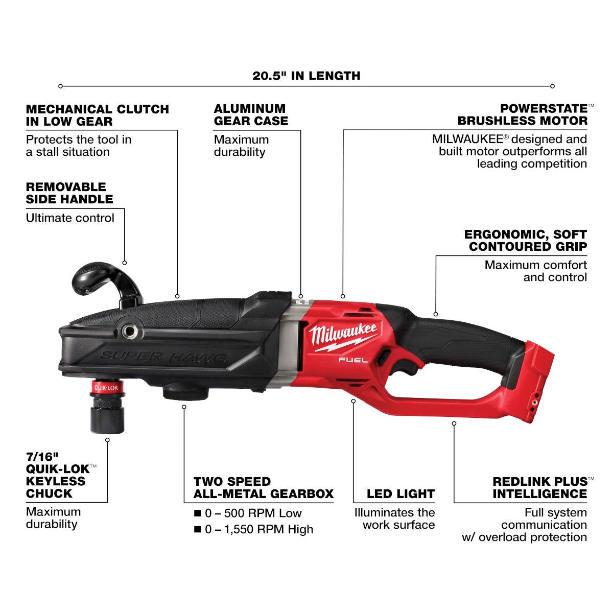 Milwaukee 2811-20 M18 FUEL™ Super Hawg™ Right Angle Drill with QUIK-LOK™ - feature callout