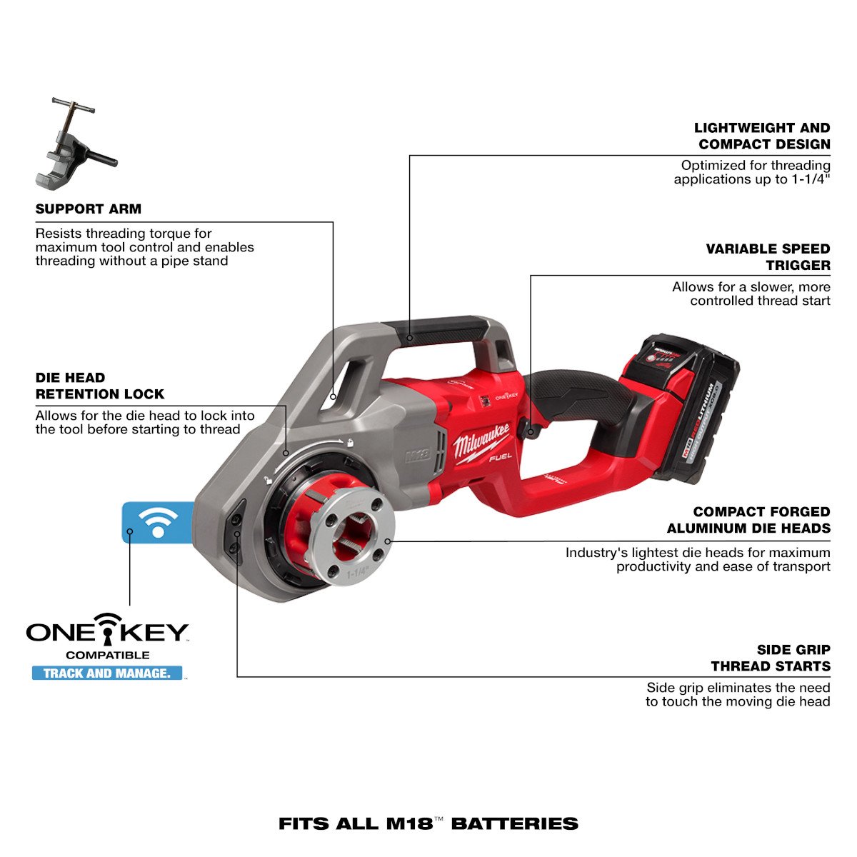 Milwaukee 2870-22 M18 FUEL™ Compact Pipe Threader w/ ONE-KEY™ w/ 1/2" - 1-1/4" Compact NPT Forged Aluminum D - feature callout