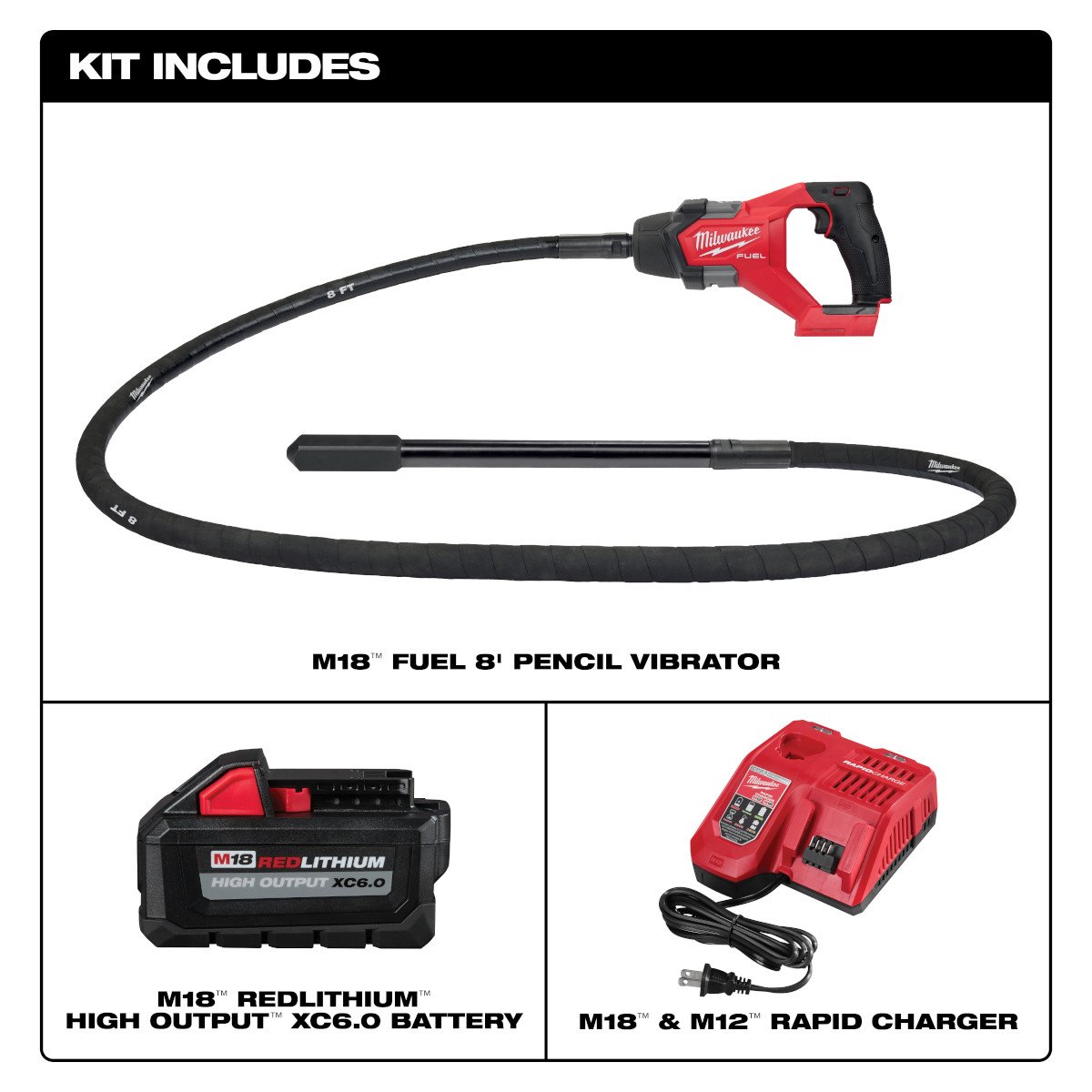 Milwaukee 2911-21 M18 FUEL™ 8' Concrete Pencil Vibrator Kit - feature callout