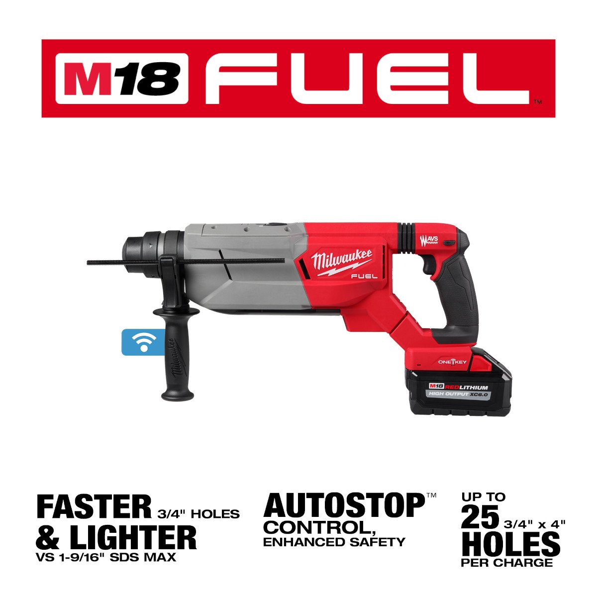 Milwaukee 2916-22 M18 FUEL™ 1-1/4” SDS Plus D-Handle Rotary Hammer Kit w/ ONE-KEY™ - feature callout