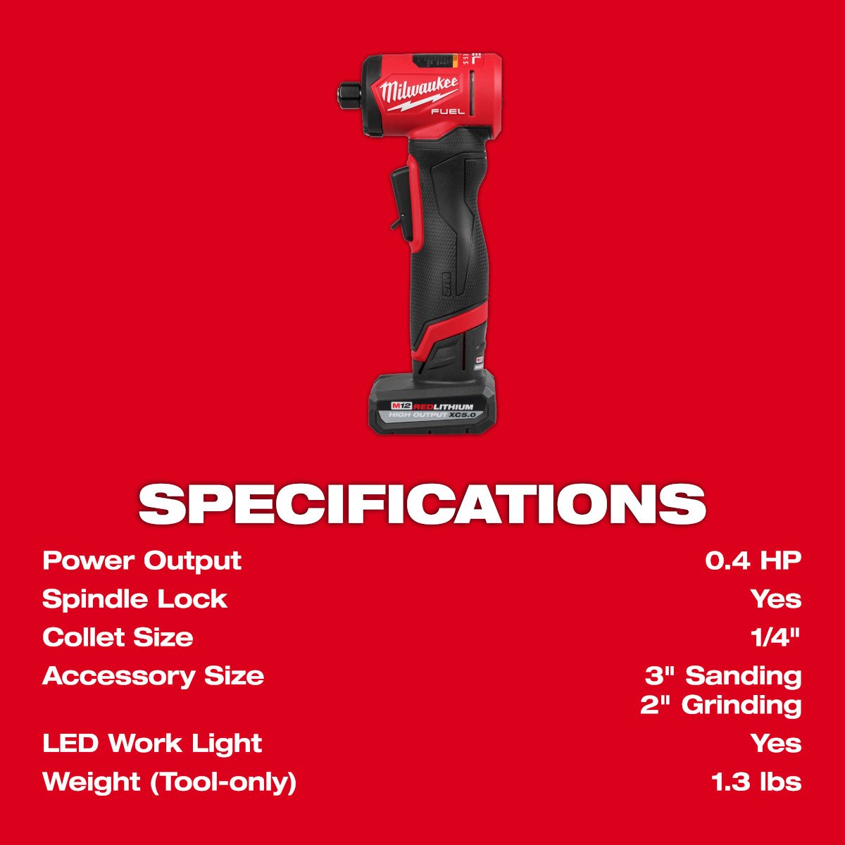 Milwaukee 3485-22 M12 FUEL™ 1/4" Right Angle Die Grinder Kit - feature callout