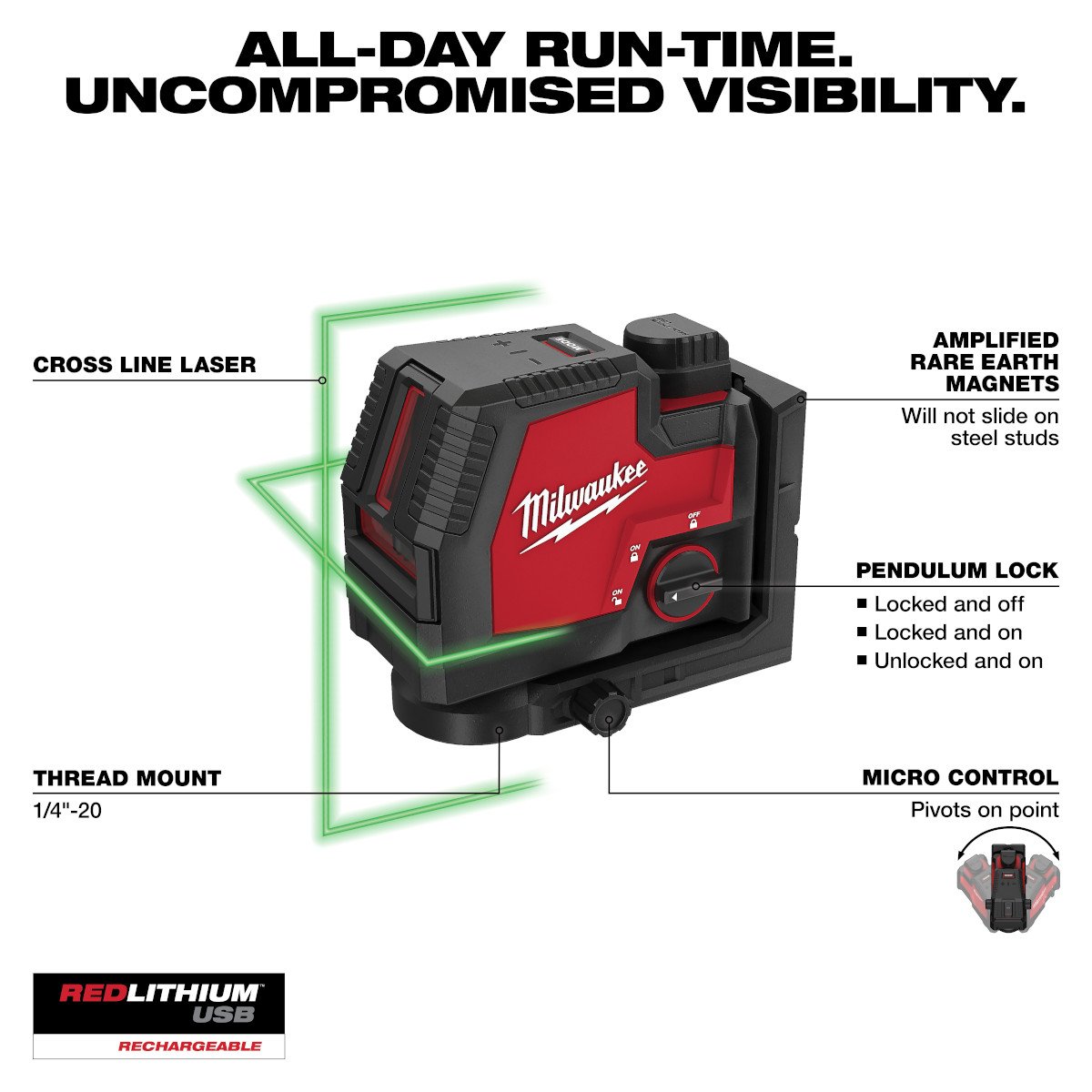 Milwaukee 3521-21 USB Rechargeable Green Cross Line Laser - feature callout