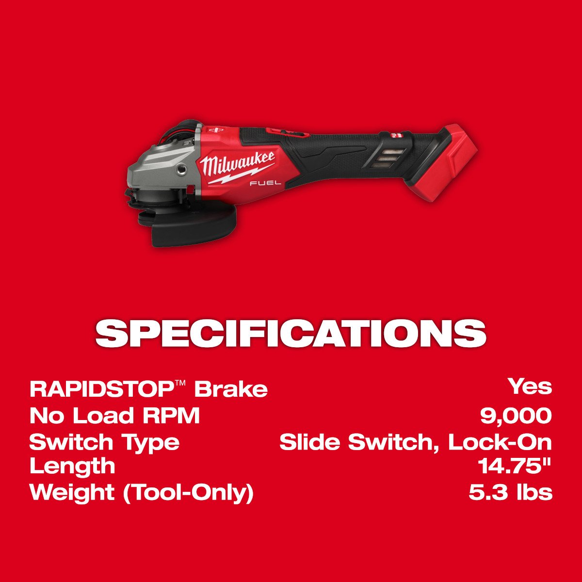 Milwaukee 3671-20 M18 FUEL™ 4-1/2"-6" Braking Grinder, Slide Switch - feature callout