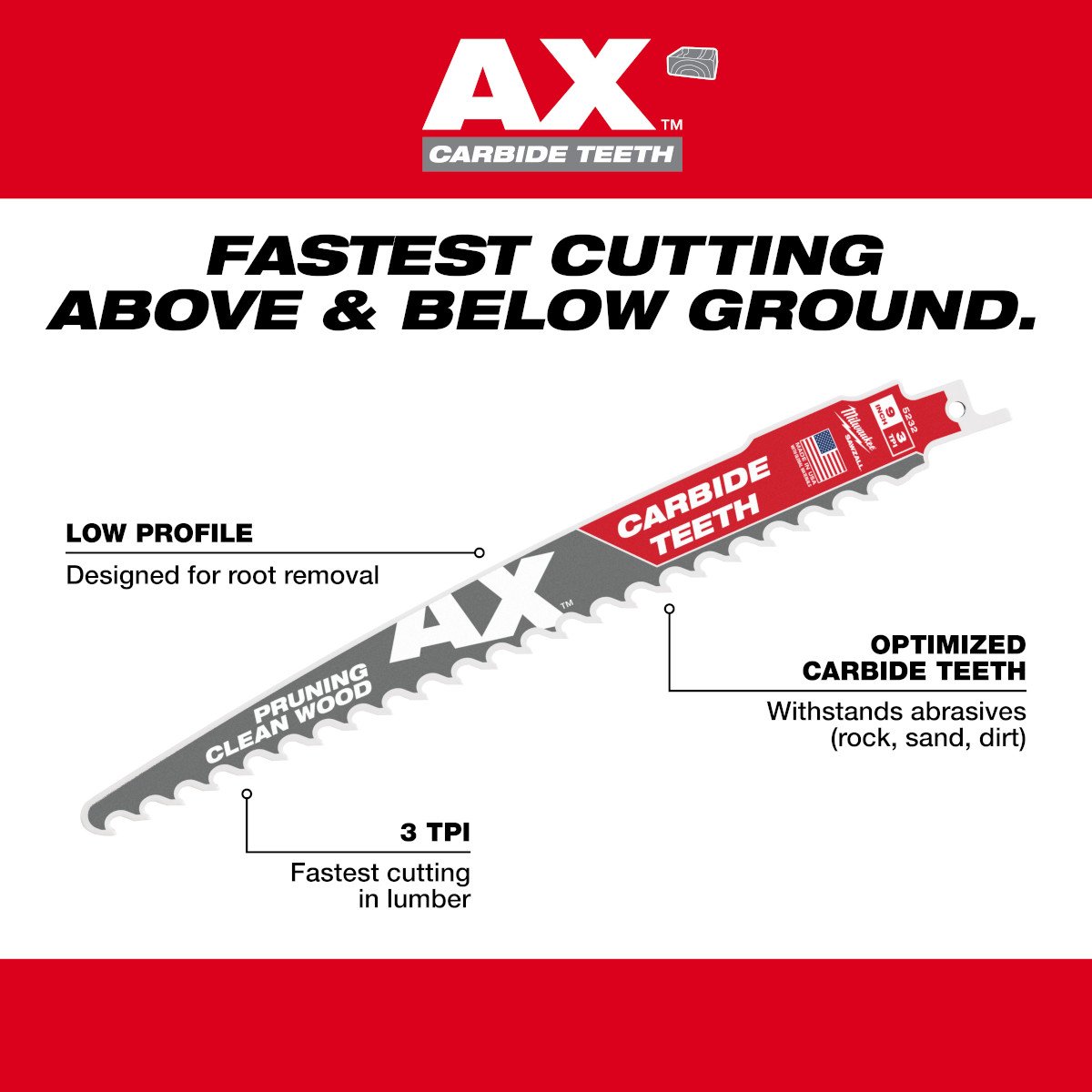 Milwaukee 48-00-5232 9" 3 TPI The AX™ with Carbide Teeth for Pruning & Clean Wood SAWZALL® Blade 1PK - feature callout