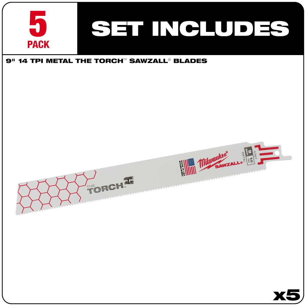 Milwaukee 48-00-5787 9" 14 TPI The Torch™ SAWZALL® Blades (5 Pk) - feature callout