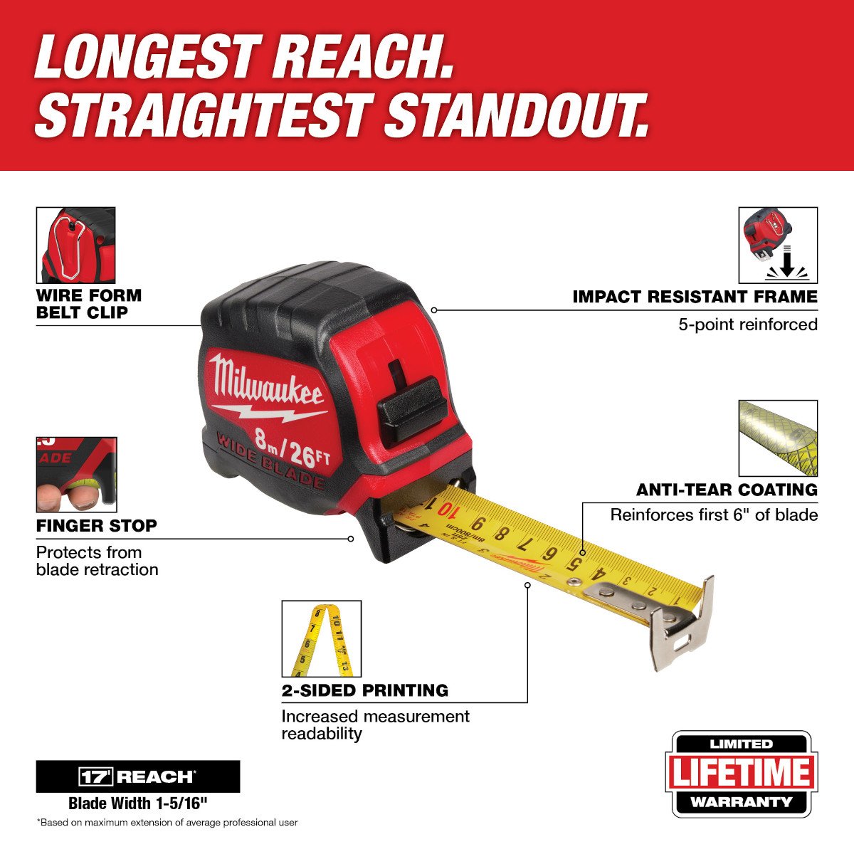 Milwaukee 48-22-0226 8M/26Ft Wide Blade Tape Measure - feature callout