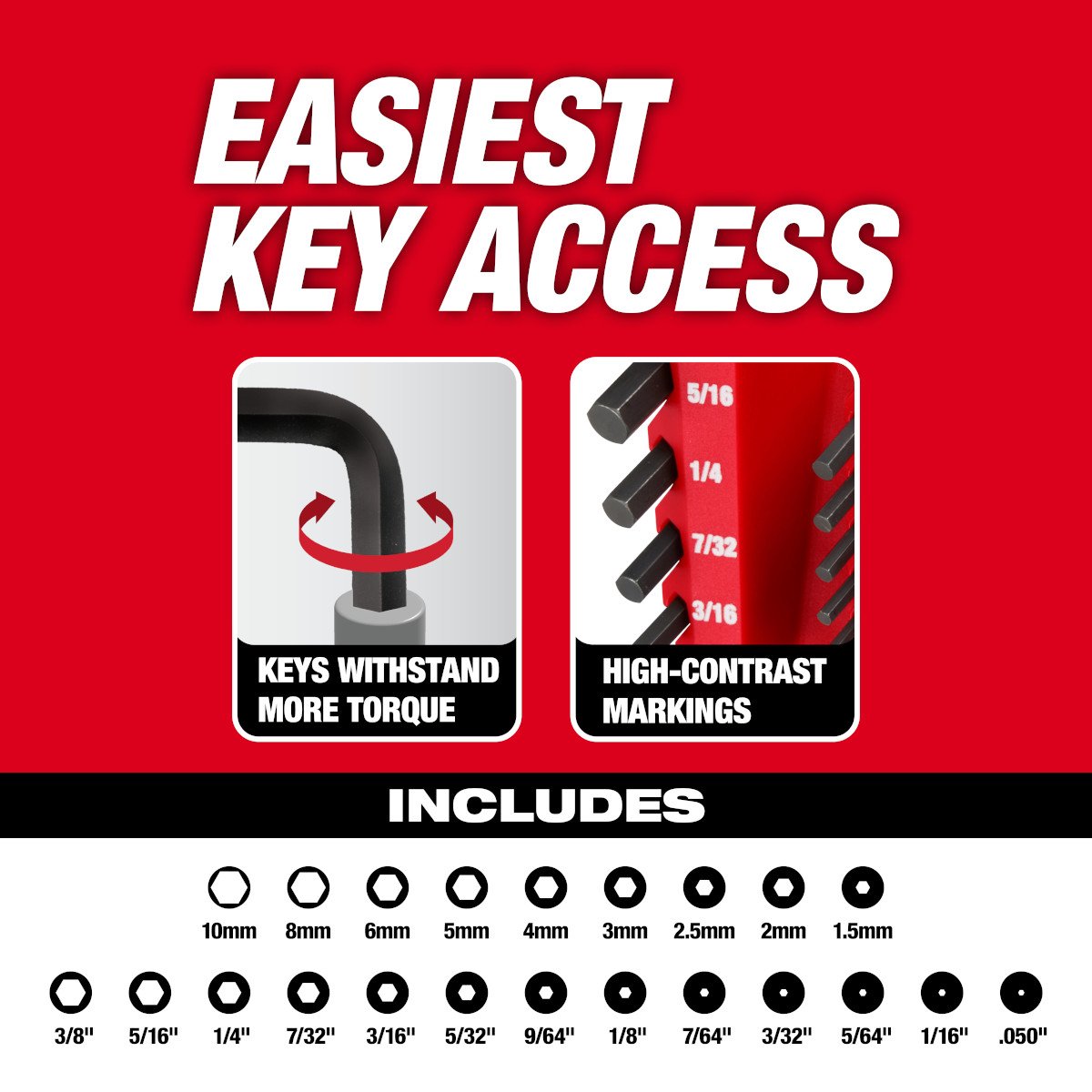 Milwaukee 48-22-2187 22-Key Ball End L-Key Set - SAE/Metric - feature callout