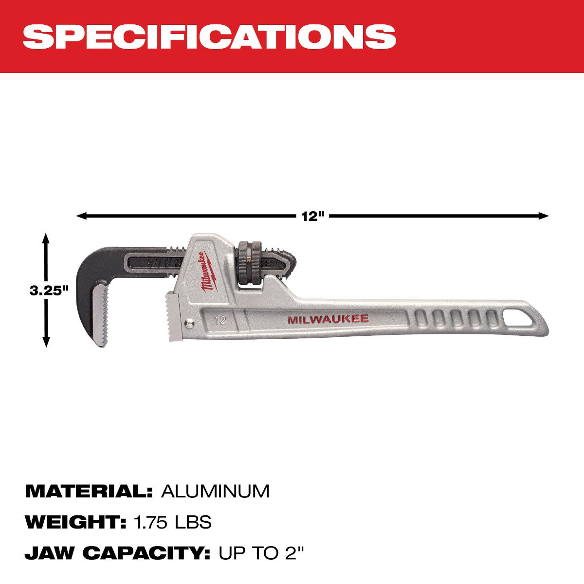 Milwaukee 48-22-7212 12” Aluminum Pipe Wrench - feature callout