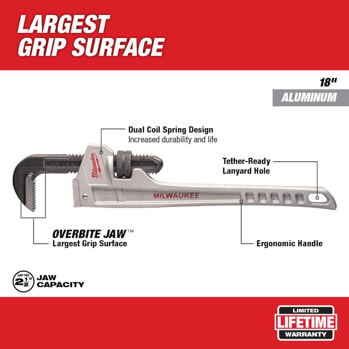 Milwaukee 48-22-7218 18 in. Aluminum Pipe Wrench - feature callout