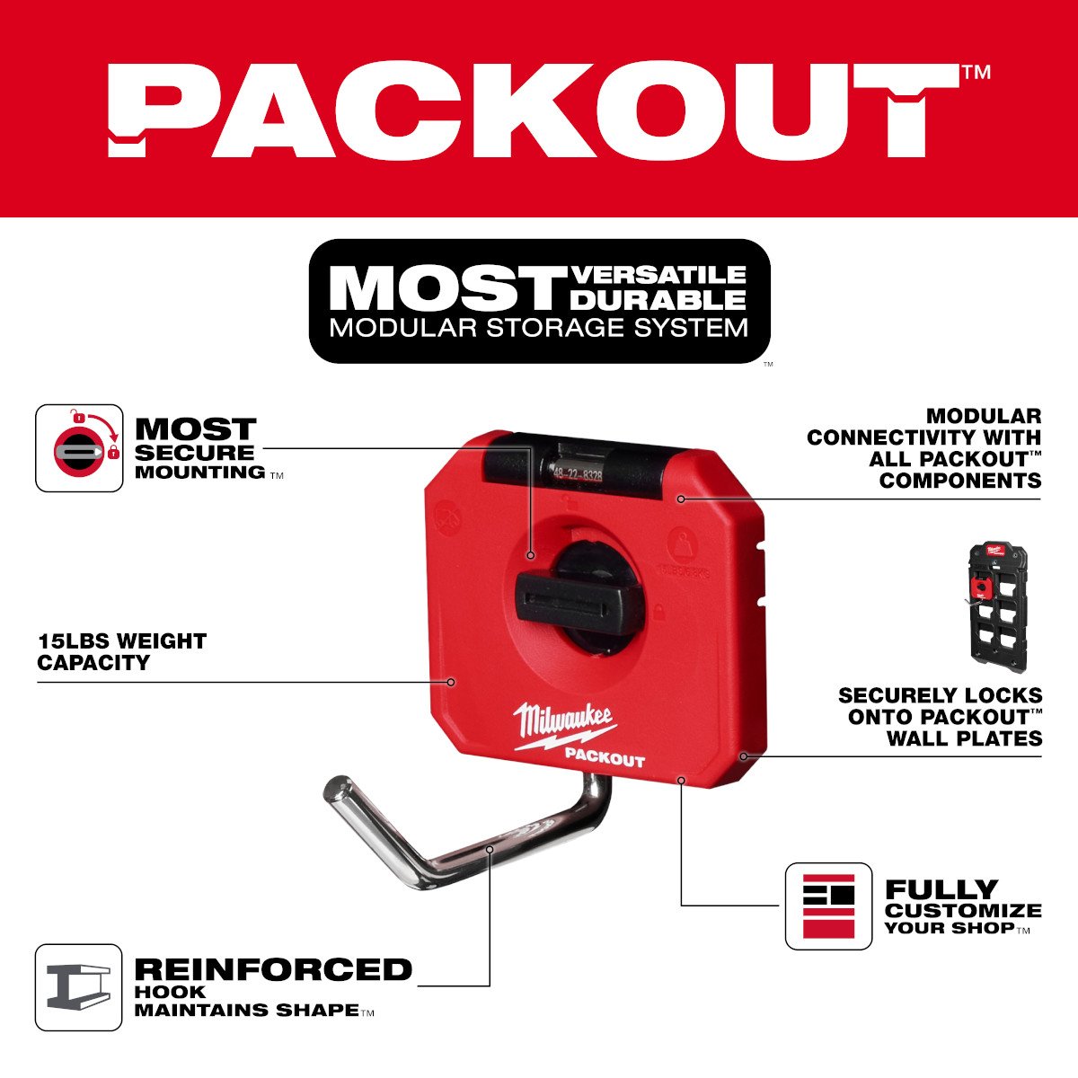 Milwaukee 48-22-8328 PACKOUT™ 4" Single Straight Hook - feature callout