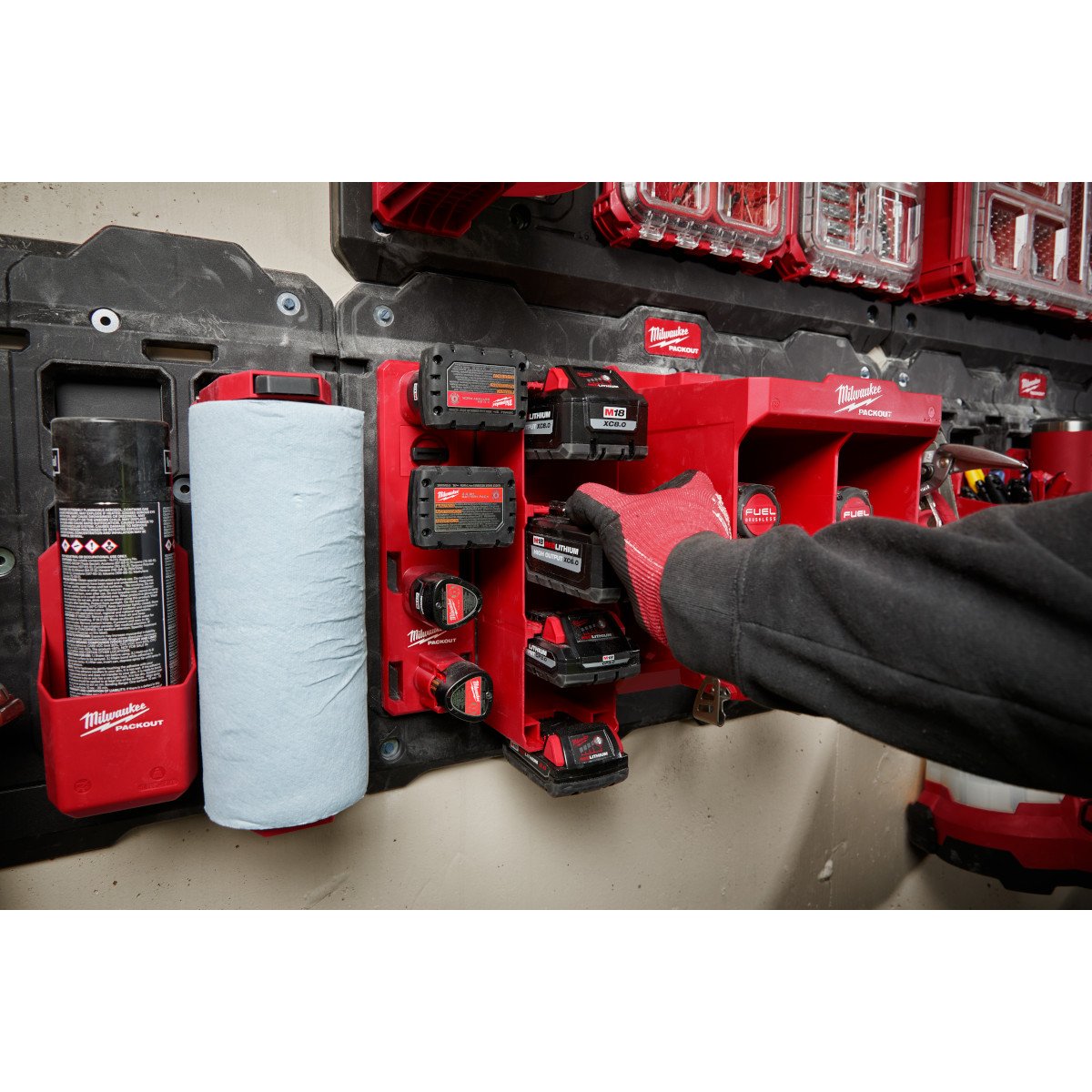 Milwaukee 48-22-8339 PACKOUT™ M18™ Battery Rack - in use