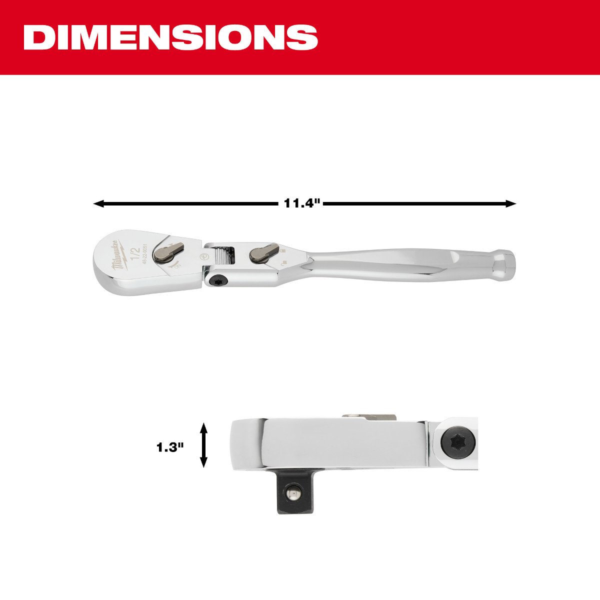 Milwaukee 48-22-9051 1/2" Drive 11" Flex Head Ratchet - feature callout