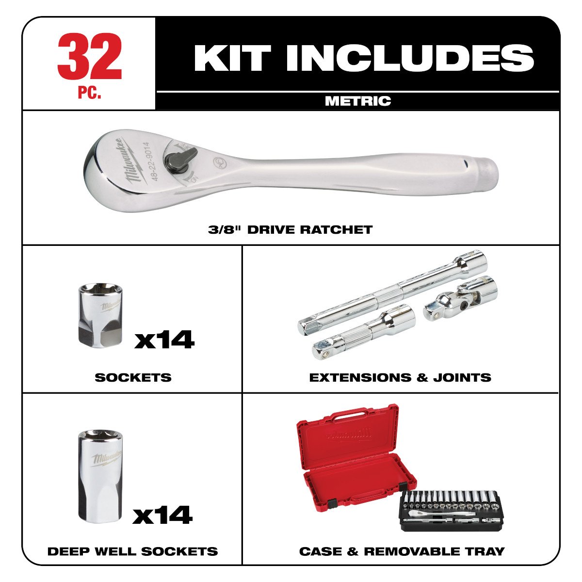 Milwaukee 48-22-9508 3/8 in. Drive 32 pc. Ratchet & Socket Set - Metric - feature callout