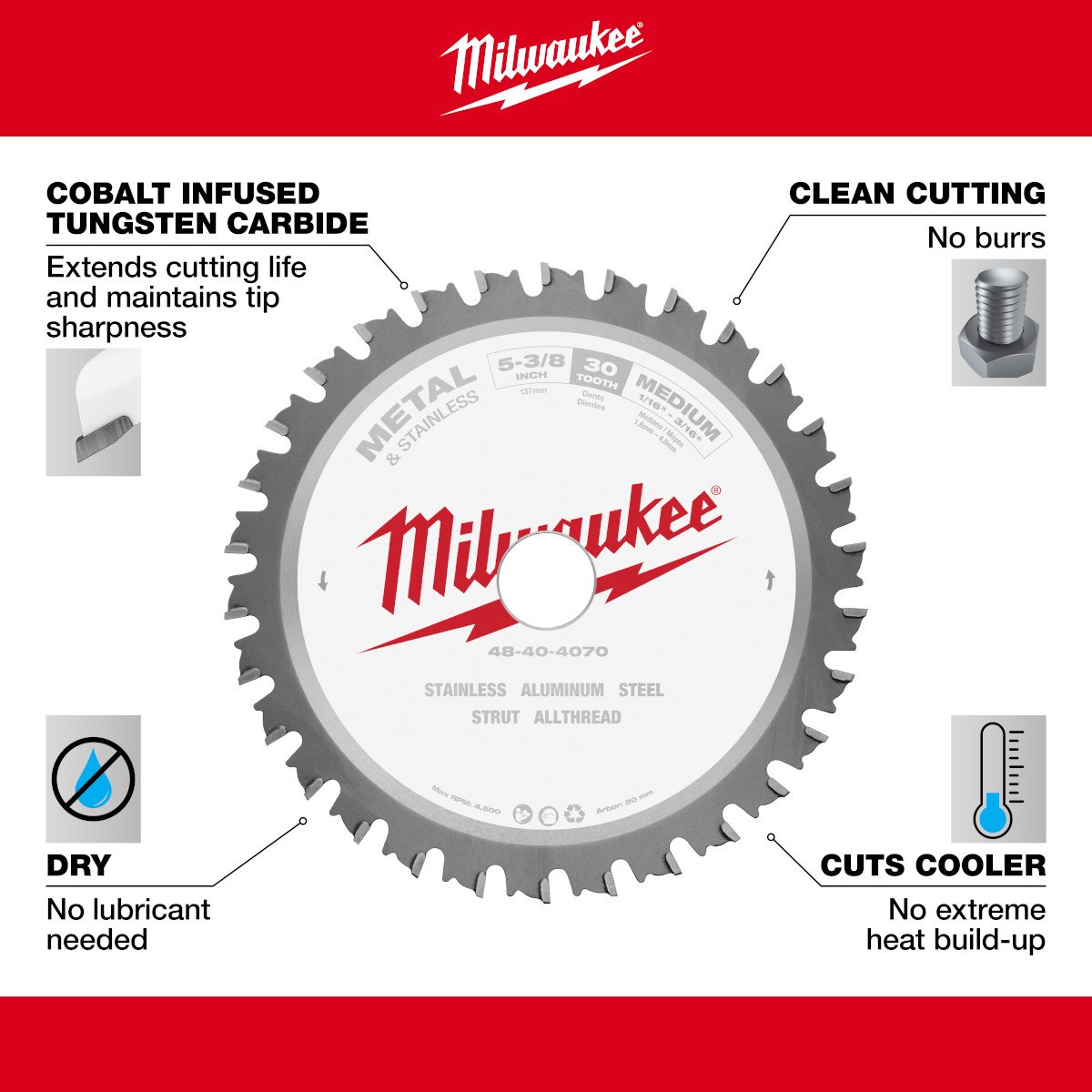 Milwaukee 48-40-4070 5-3/8 in. 30T Ferrous Metal Circular Saw Blade - feature callout