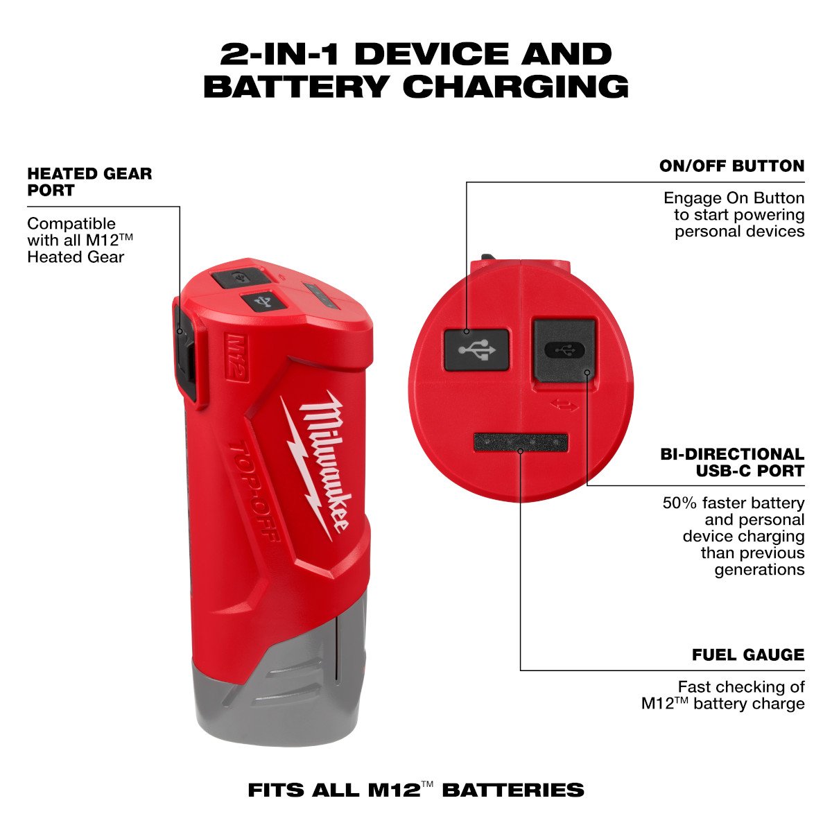 Milwaukee 48-59-1211 M12 TOP-OFF Power Supply & Charger - feature callout