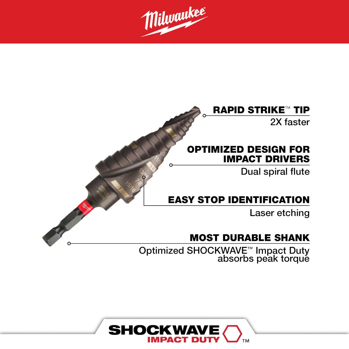 Milwaukee 48-89-9248 SHOCKWAVE™ Impact Duty™ Step Bit #8 1/8 - 1 in. - feature callout