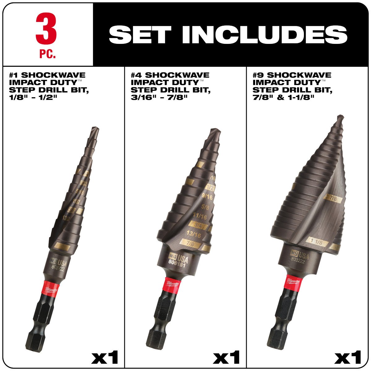 Milwaukee 48-89-9257 SHOCKWAVE™ Impact Duty™ Step Bit Electrician Set (#1, #4, #9) - feature callout