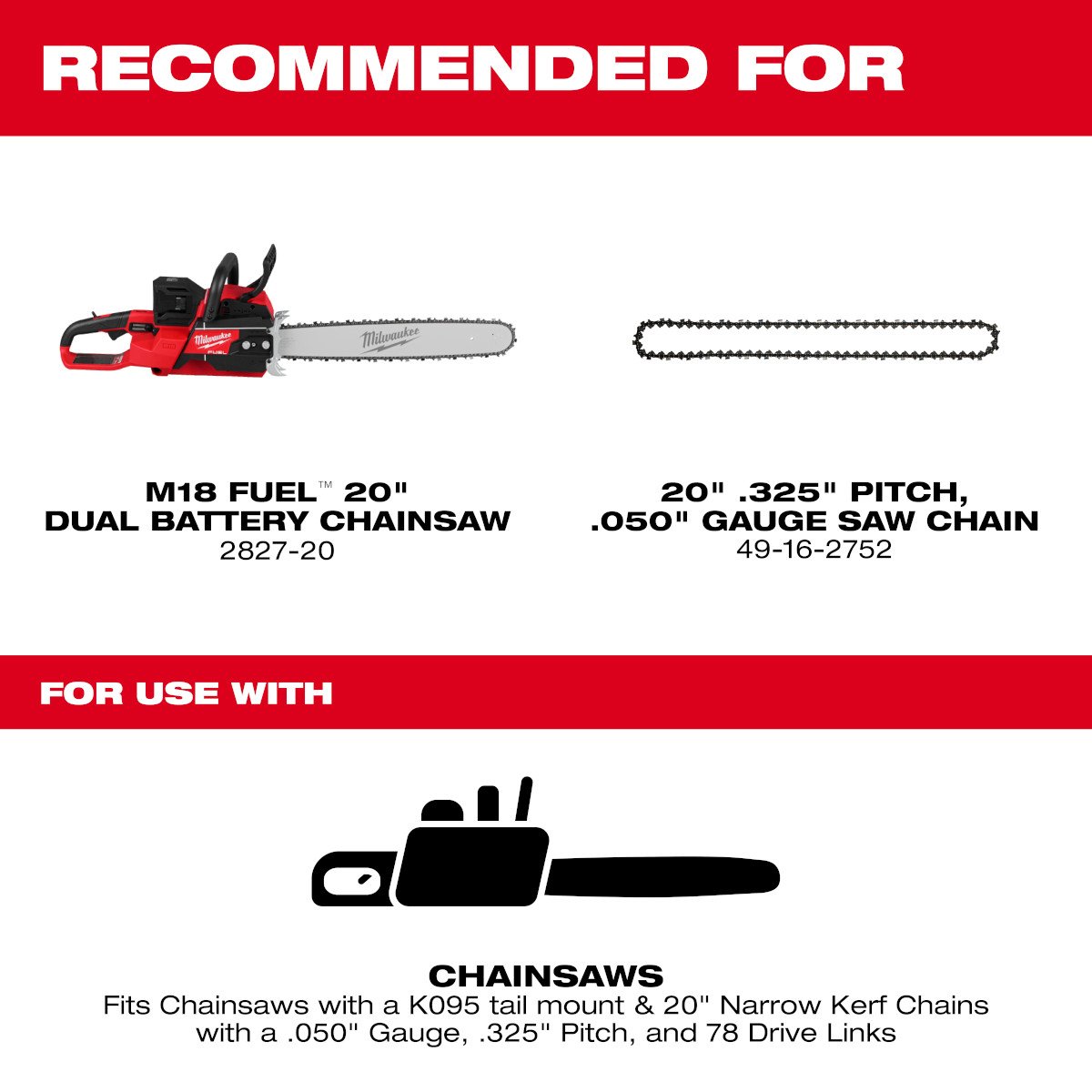 Milwaukee 49-16-2755 20" .325" Pitch, .050" Gauge Guide Bar - feature callout