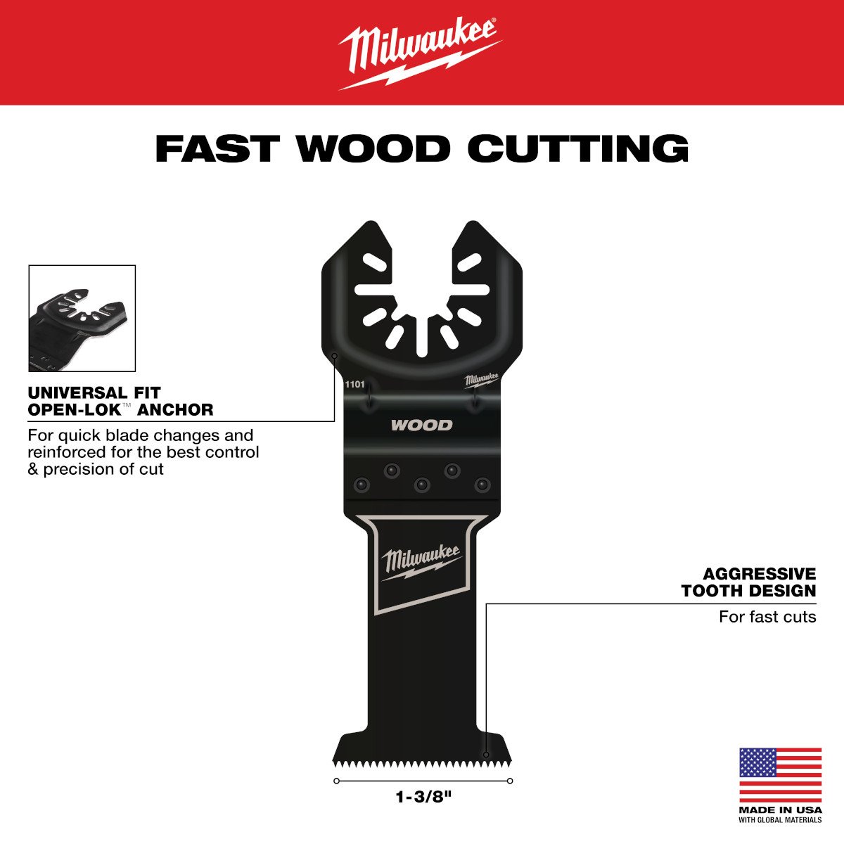 Milwaukee 49-25-1101 OPEN-LOK™ 1-3/8" HCS Wood Multi-Tool Blade - feature callout